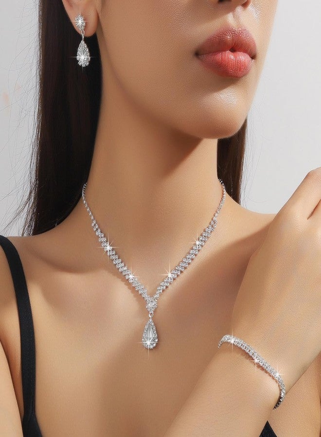 MarveBard Prom Earrings Necklace Bracelet Set for Women Bridal Wedding Prom Jewelry Set Sparkling Cubic Zirconia Teardrop Pendant Necklace Earrings Elegant Bridal Accessories for Weddings Prom Parties (White) - Image 2